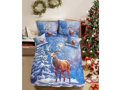 3D bavlněné povlečení FROSTED DEER modré s vánočním motivem