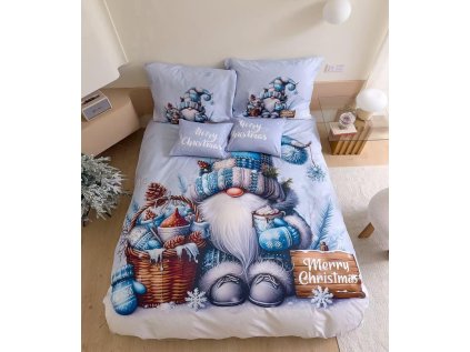 3D bavlněné povlečení FROSTY GNOME modré s vánočním motivem