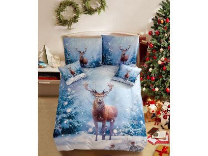 3D bavlněné povlečení SNOWY DEER modré s vánočním motivem
