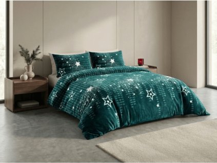 Luxusní mikroplyšové povlečení SKYLINO zelené s 3D hvězdami