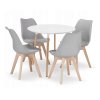 Jídelní set 1+4, kulatý stůl KAMI 80 cm v bílé barvě s přírodními bukovými nohami a čtyři šedé židle BALI MARK, moderní a elegantní design