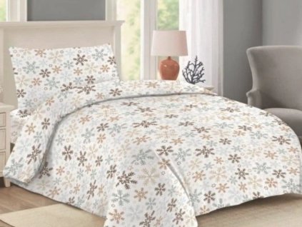 Vánoční bavlněné povlečení 220x200 + 2x  70x90 cm - Vločka hnědá