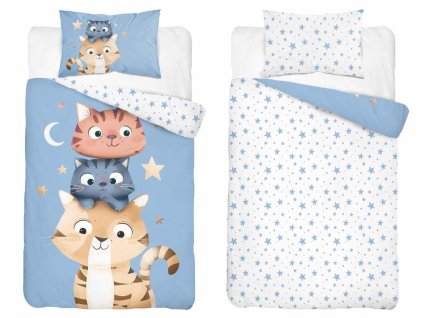 Povlečení do postýlky 100x135 + 40x60 cm - Kočičí hvězdy modré