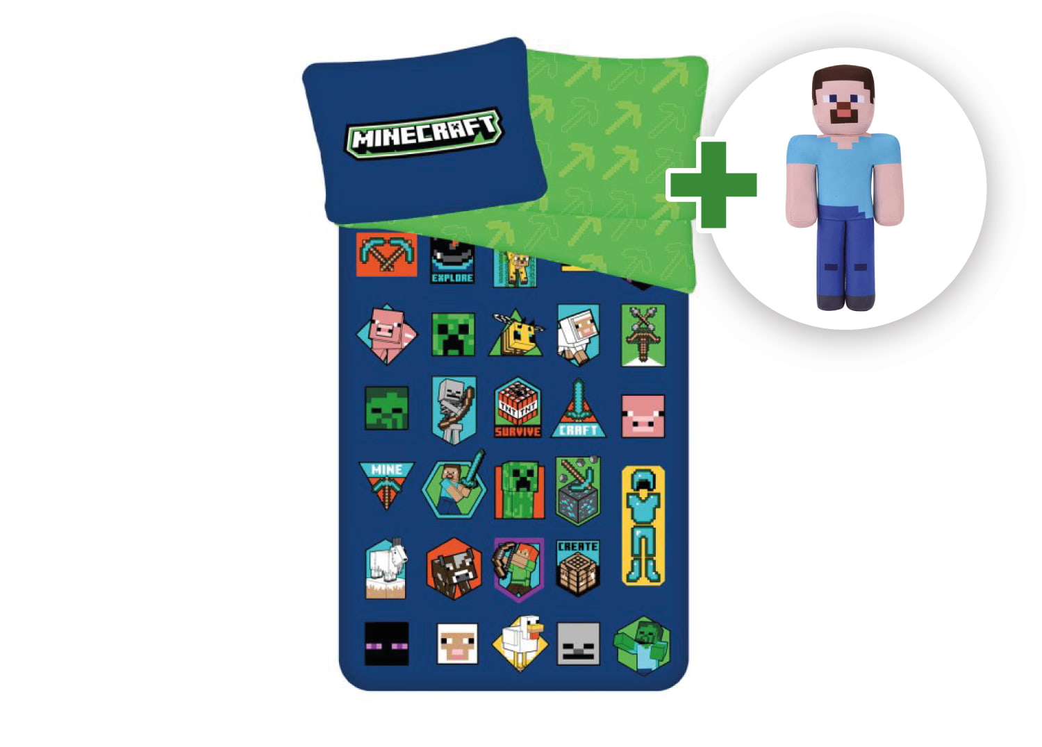 Levně Sada povlečení Minecraft Badges + plyšová hračka Steve