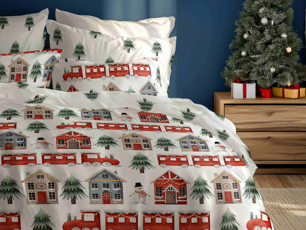 FARO Vánoční bavlněné povlečení 140x200 + 70x90 cm - Vánoční městečko