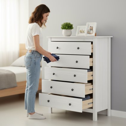 Komoda 5 zásuvek TORINO bílá, kovové úchytky