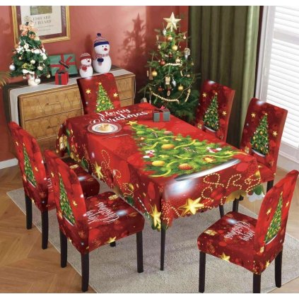 VMB Vánoční ubrus a 6 potahů na židle Stromeček