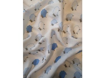 Látková Bambusová tetra plena s potiskem Beránek modrý  60% Bavlna, 40% Bambus, 70x70 cm