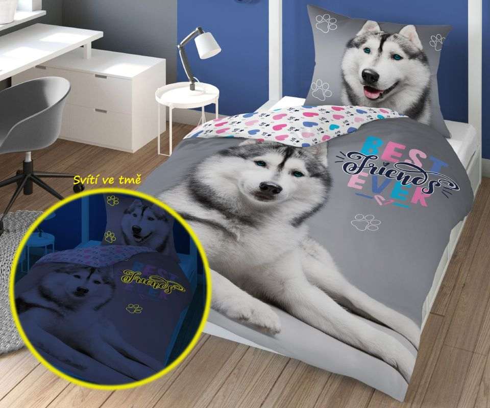 DETEXPOL Povlečení Husky svítící Bavlna, 140/200, 70/80 cm