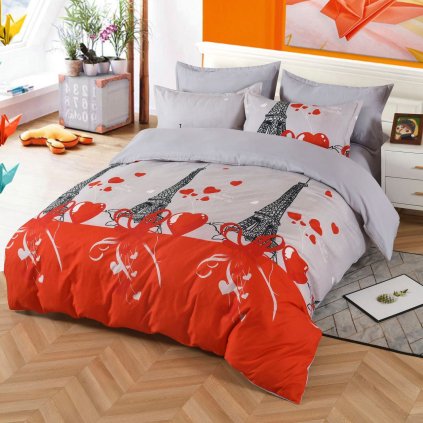 Povlečení 7dílná sada Paris Love – 100% bavlna, šedo-červený romantický design s Eiffelovkou, 140×200 + 70×90 + 40×50 cm