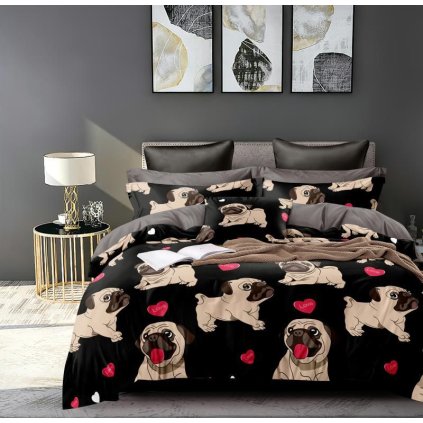 1118 povleceni 7dilna sada pug love 100 bavlna cerny design se psem a srdicky 140 200 70 90 40 50 cm