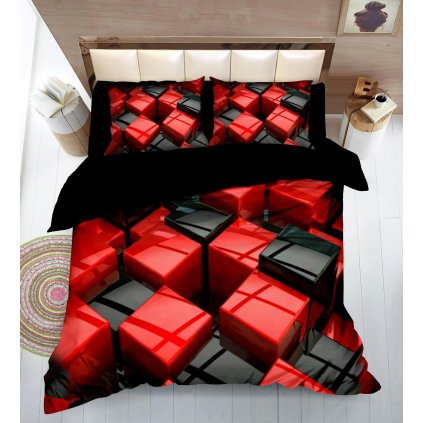 1121 povleceni 7dilna sada 3d red cubes 100 bavlna cerno cerveny moderni design s 3d efektem 140 200 70 90 40 50 cm