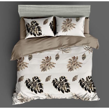 1133 povleceni 7dilna sada golden leaves 100 bavlna bezovo bily prirodni design s listy 140 200 70 90 40 50 cm