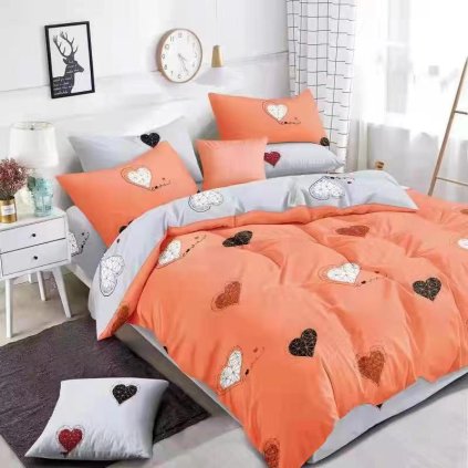 Povlečení 7dílná sada Orange Hearts – 100% bavlna, oranžovo-šedý romantický design se srdíčky, 140×200 + 70×90 + 40×50 cm