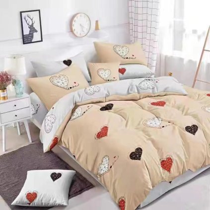 1139 povleceni 7dilna sada beige hearts 100 bavlna bezovo sedy romanticky design se srdicky 140 200 70 90 40 50 cm