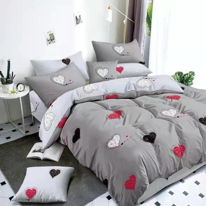 Povlečení 7dílná sada Grey Hearts – 100% bavlna, šedý romantický design se srdíčky, 140×200 + 70×90 + 40×50 cm