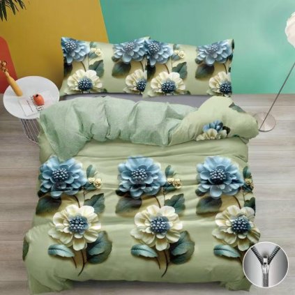 Francouzské povlečení 200×220 + 2×70×90 – zelené s 3D květinovým vzorem