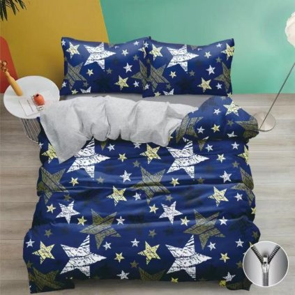 3dílná sada povlečení francouzské 200×220/70×90 – modré s motivem hvězd