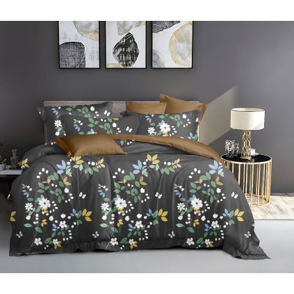 Ložní povlečení 3dílné 140×200 – Tmavě šedé květinové