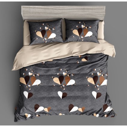 Ložní povlečení 3dílné 140×200 – Tmavě šedé se srdíčky
