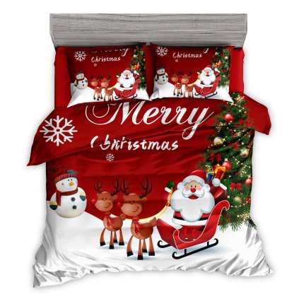 Vánoční povlečení 3dílné 140×200 – Santa Claus, sobi a vánoční stromek
