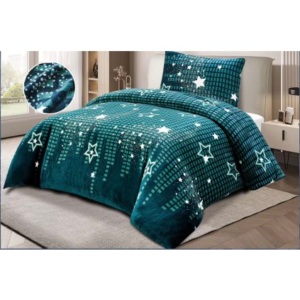 Mikroplyšové povlečení 140×200/70×90 – hvězdný tyrkysový design, měkké a hřejivé, zapínání na zip