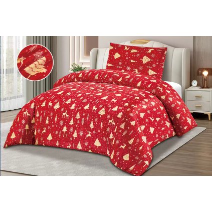Flanelové povlečení 140×200 / 70×90 – hřejivé vánoční povlečení se soby a stromky, zapínání na zip