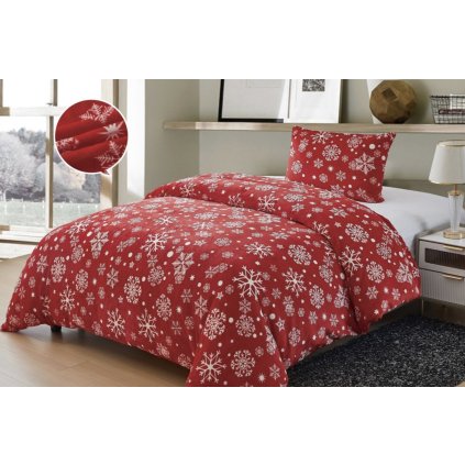 Luxusní mikroplyšové povlečení Vločky Červené 140×200/70×90 cm – Vánoční hřejivé povlečení se sněhovými vločkami