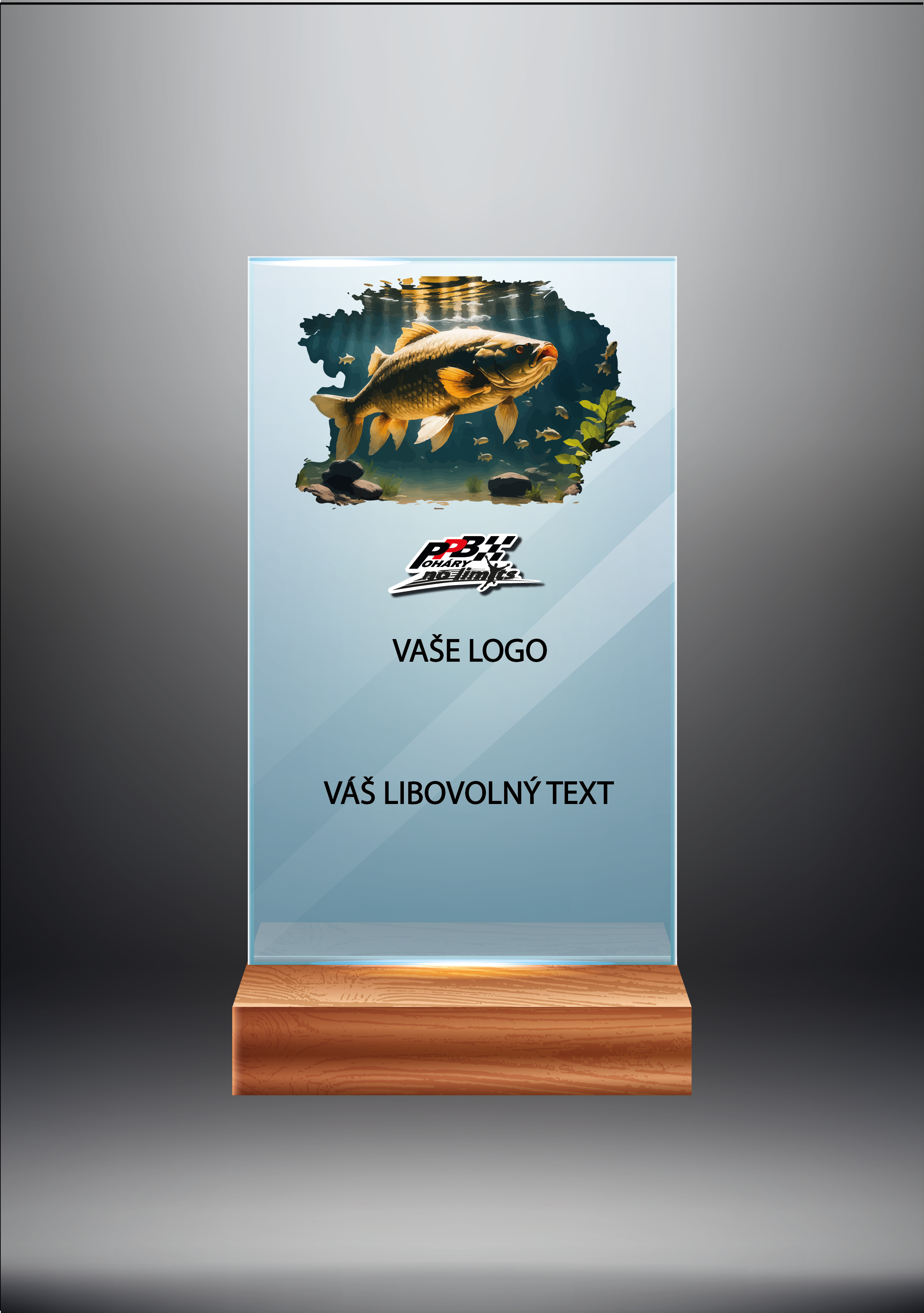 Skleněná trofej na dřevěném podstavci | Rybolov Výška: 15 cm