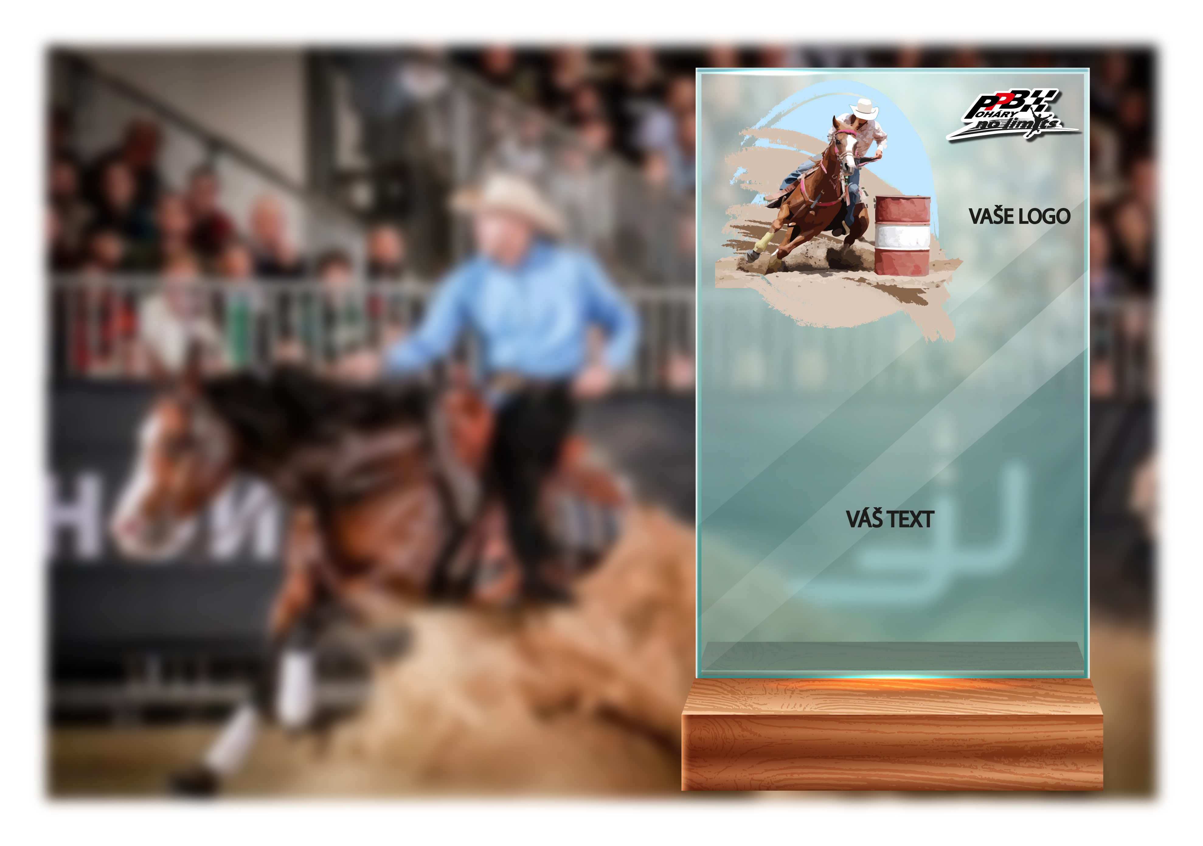 Skleněná trofej na dřevěném podstavci | Western Výška: 15 cm
