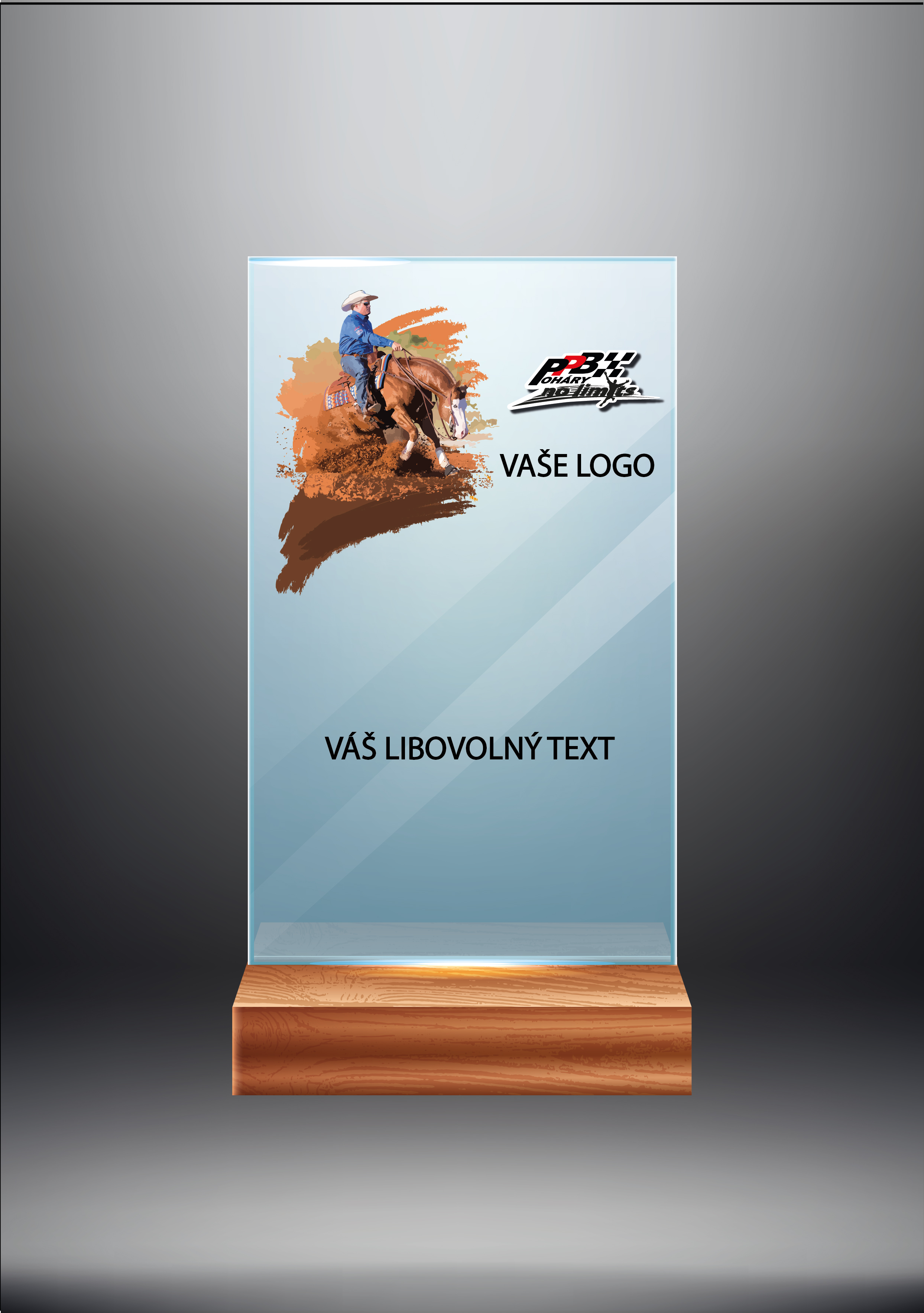 Skleněná trofej na dřevěném podstavci | Western Výška: 15 cm