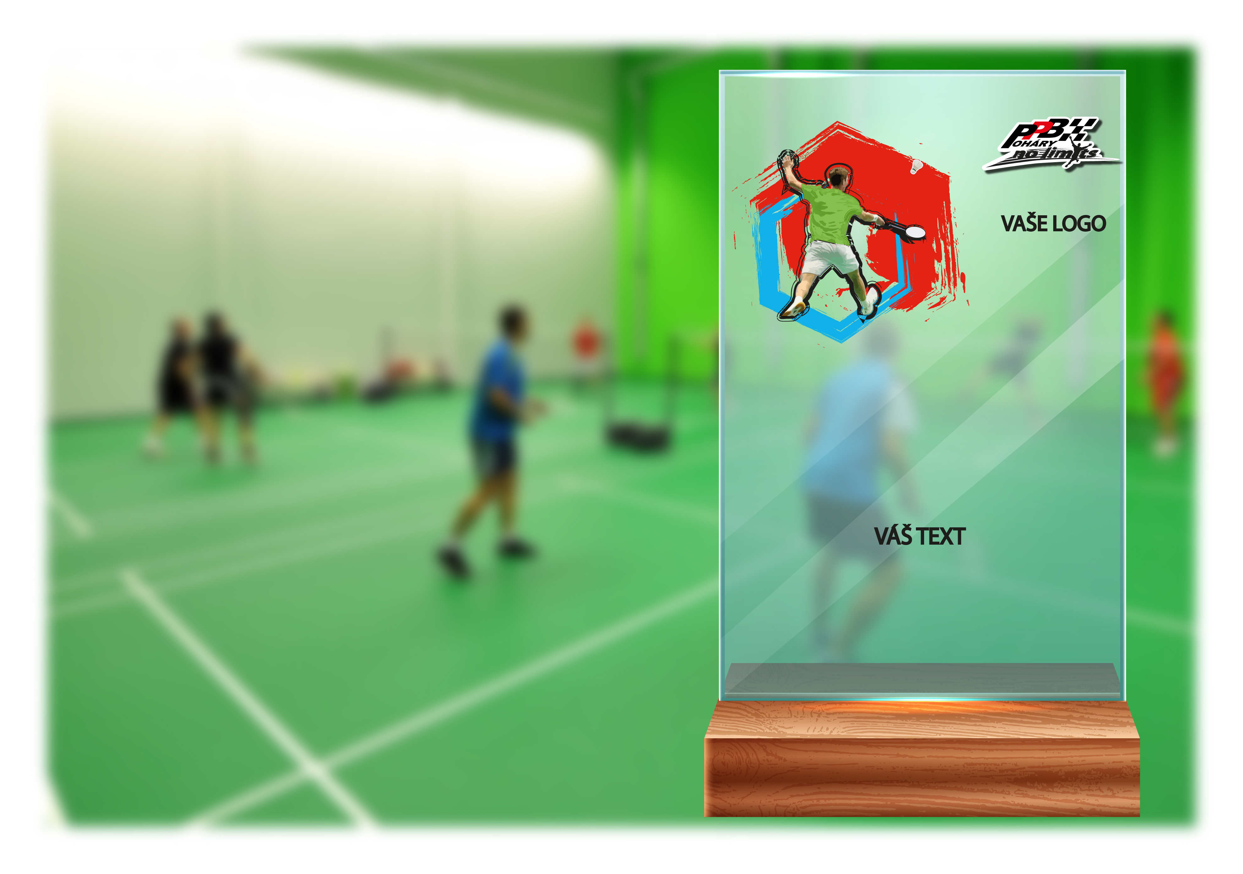 Skleněná trofej na dřevěném podstavci | Badminton Výška: 17 cm