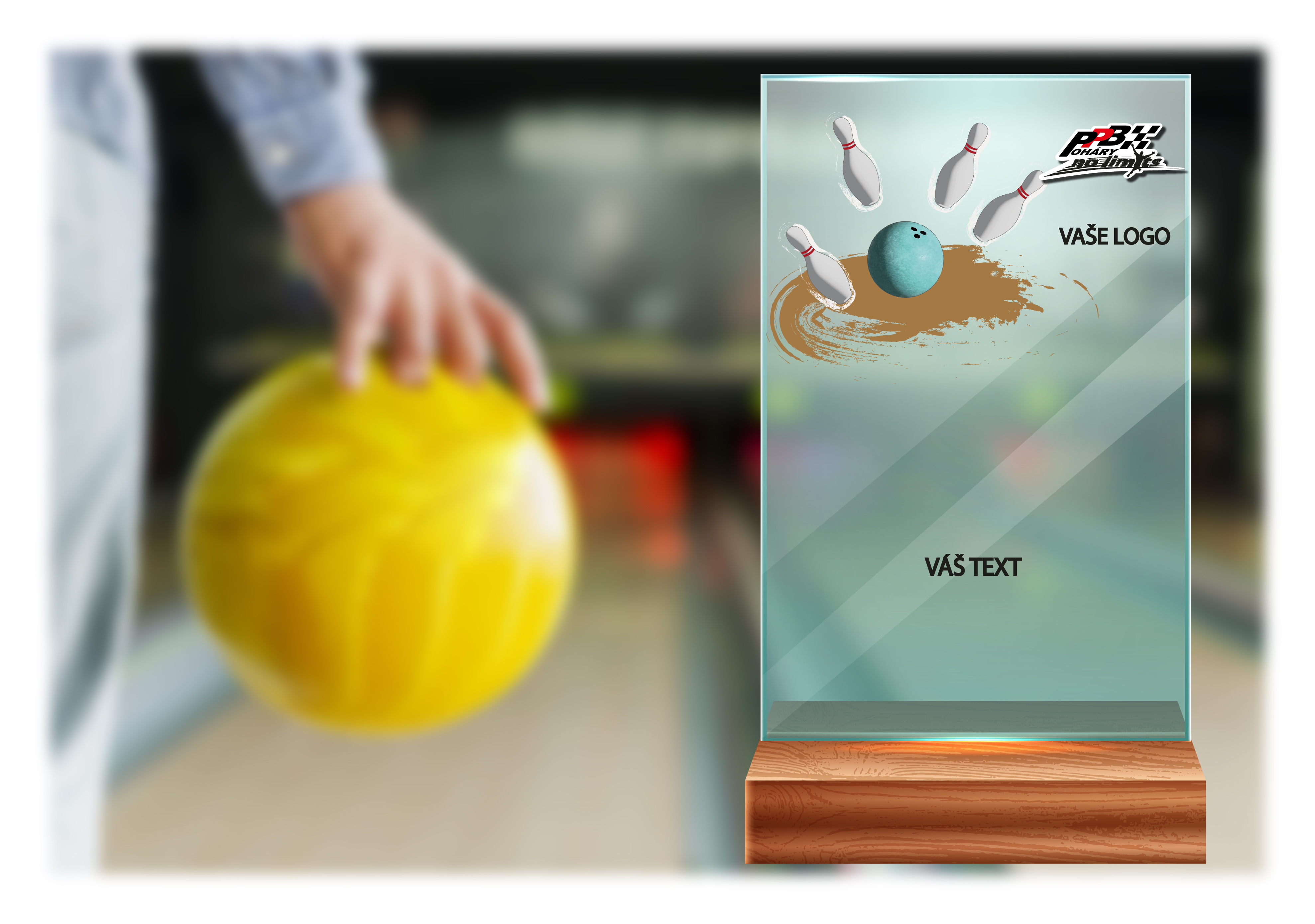 Skleněná trofej na dřevěném podstavci | Bowling Výška: 15 cm