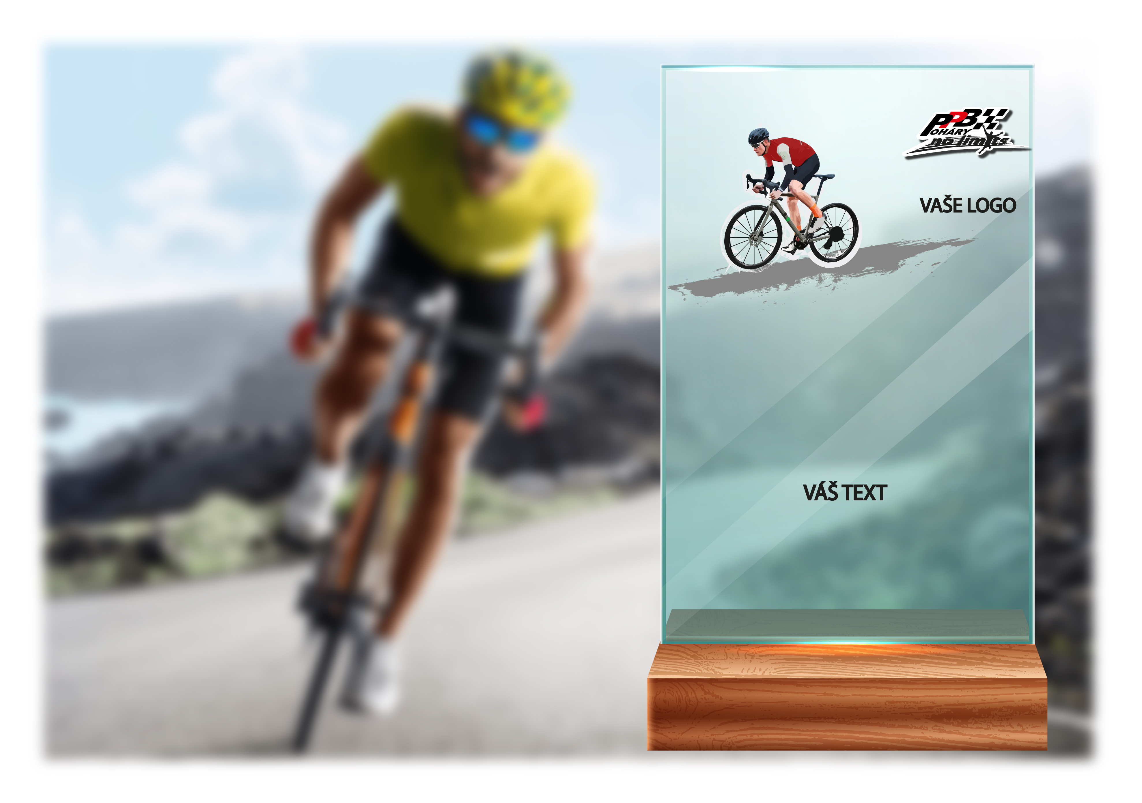 Skleněná trofej na dřevěném podstavci | Cyklistika Výška: 15 cm