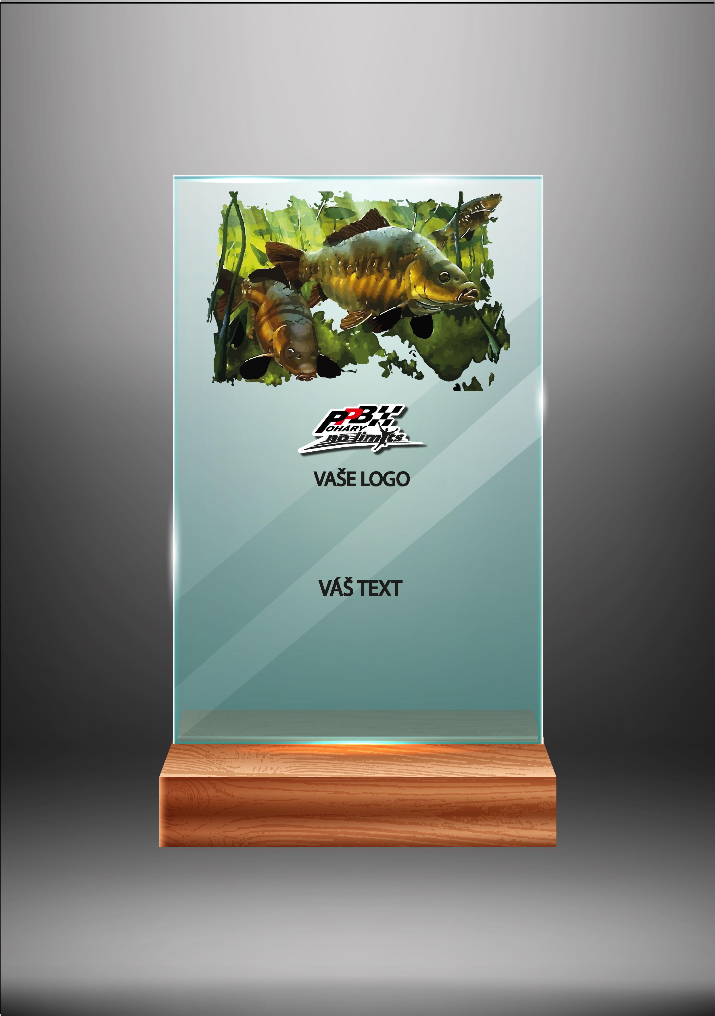 Skleněná trofej na dřevěném podstavci  | Rybolov Výška: 15 cm