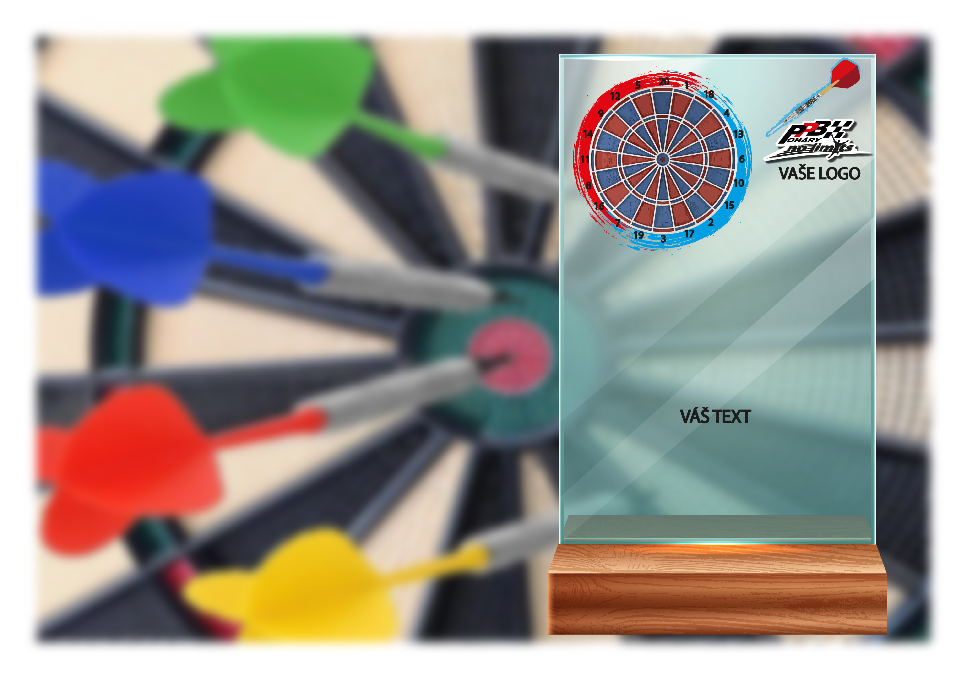 Skleněná trofej na dřevěném podstavci | Šipky Výška: 15 cm