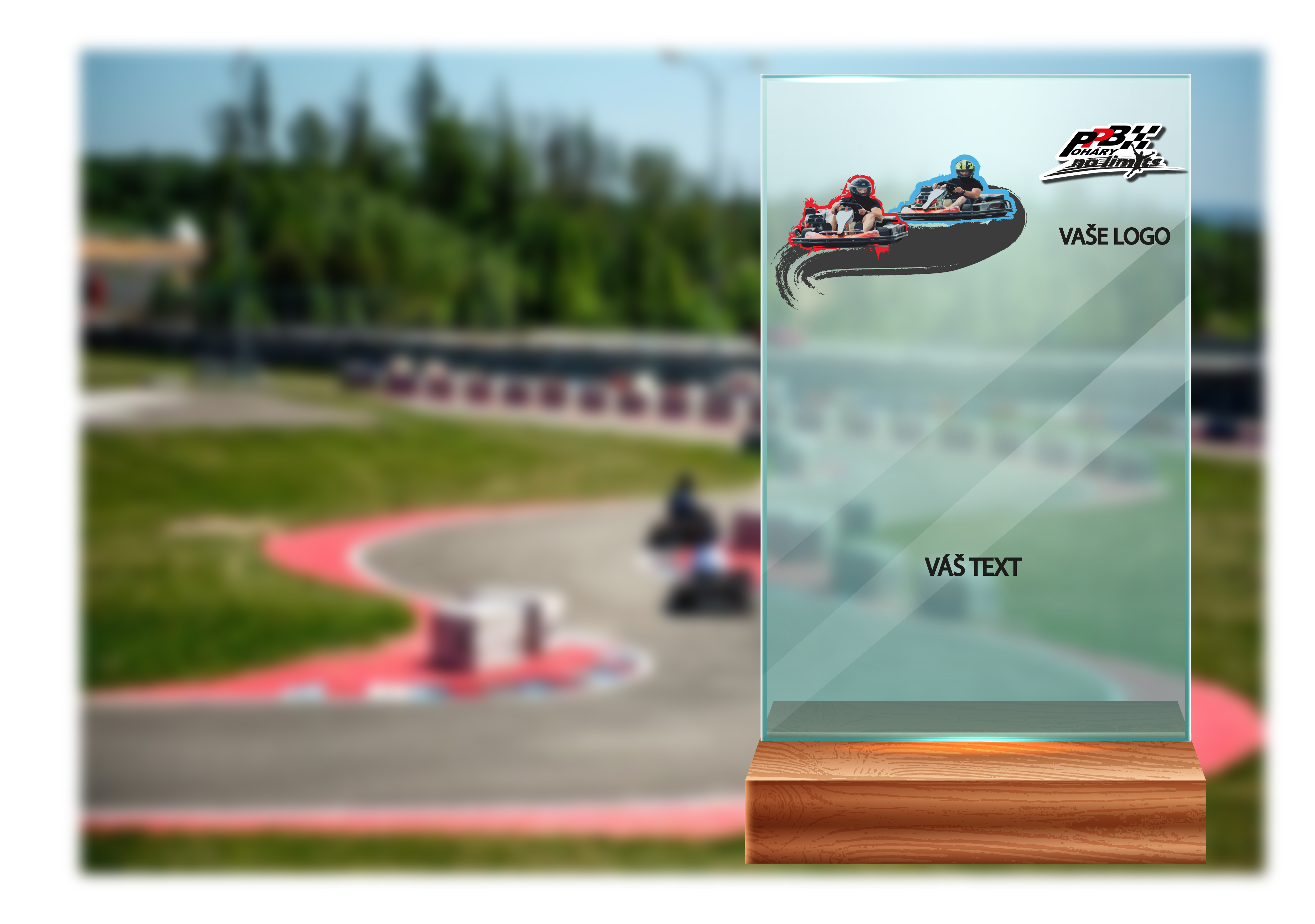 Skleněná trofej na dřevěném podstavci | Motokáry Výška: 15 cm