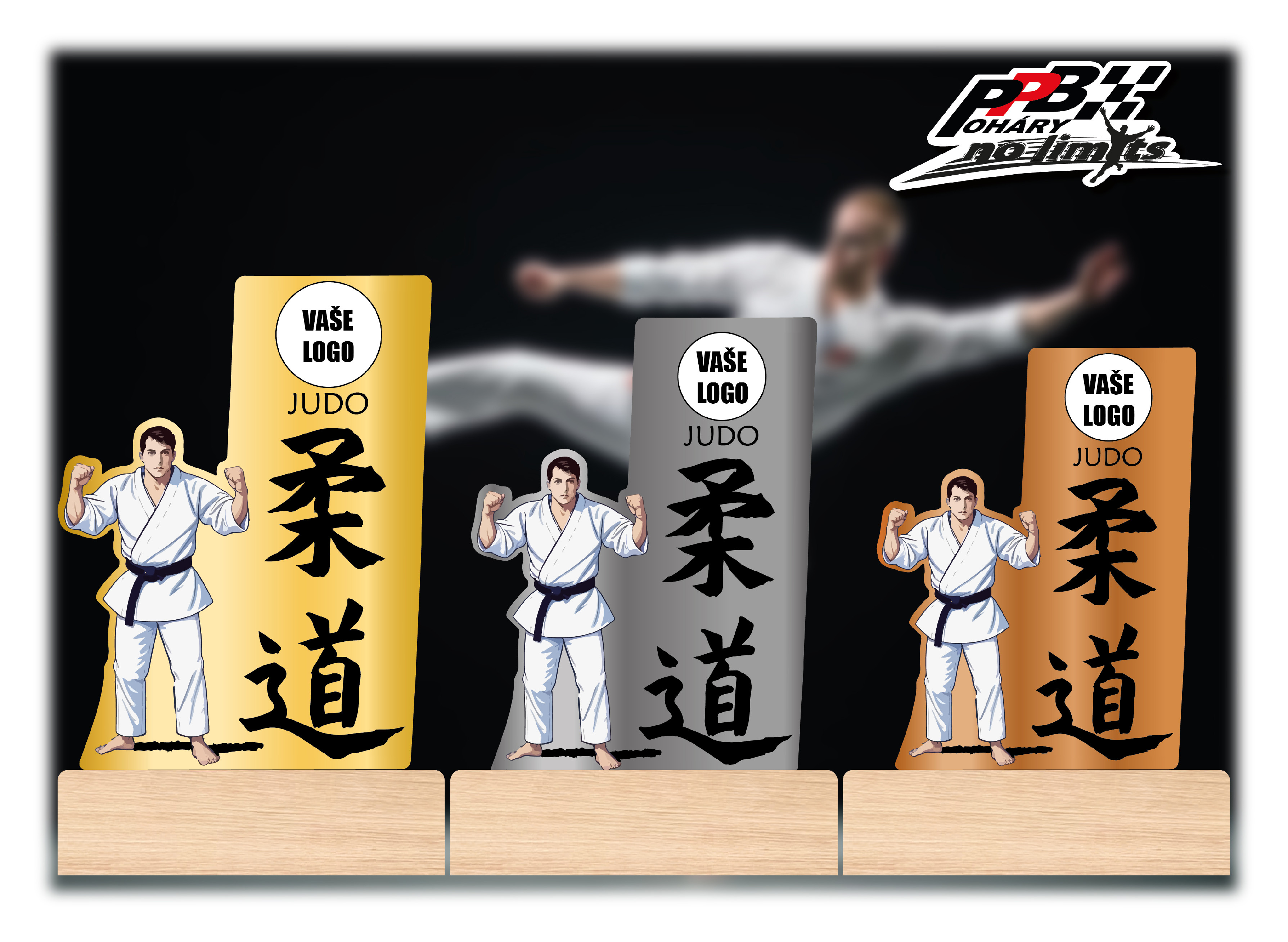 Akrylátová plaketa na dřevěném podstavci | Judo Barva: Zlatá, Výška: 15 cm