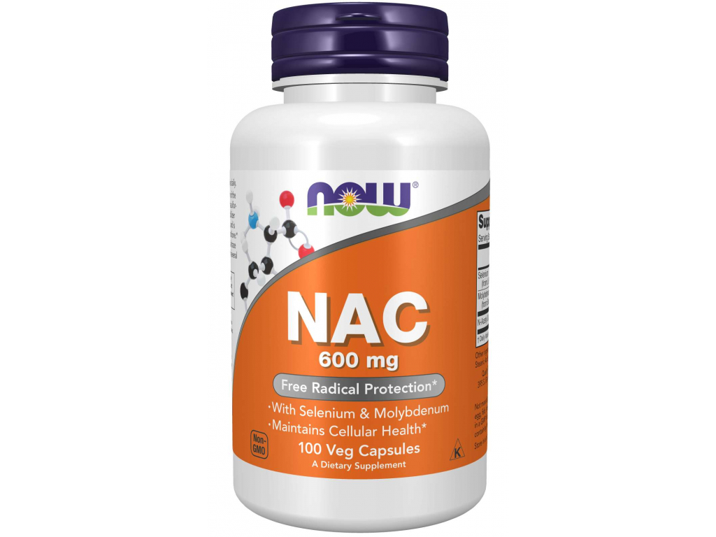 NOW FOODS NAC se selenem a molybdenem, 600 mg, 100 rostlinných kapslí