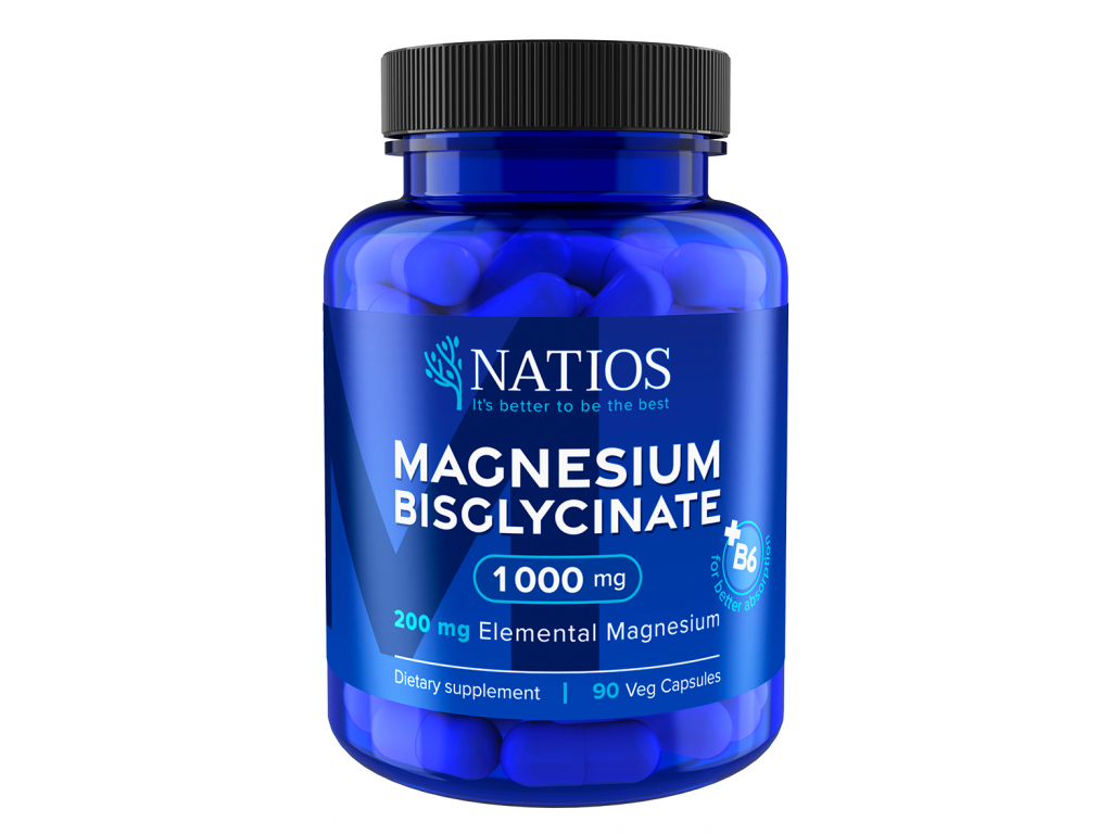 NATIOS Magnesium Bisglycinate 1000 mg + B6, 90 veg. kapslí, (elem. hořčík 200 mg) NEW1