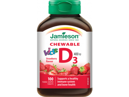 Jamieson Vitamin D3 Kids, Pro děti, 400 IU, 100 jahodových žvýkacích medvídků