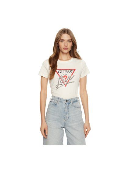 Dámská trička GUESS SS CN TRIANGLE LOVE - Krémové