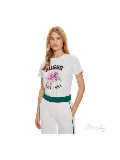 Dámská trička Guess s potiskem Pivoňka - bílé