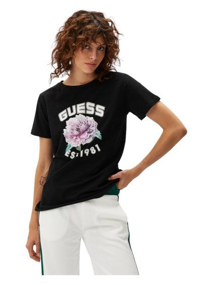 Dámská trička Guess s potiskem Peony - černé