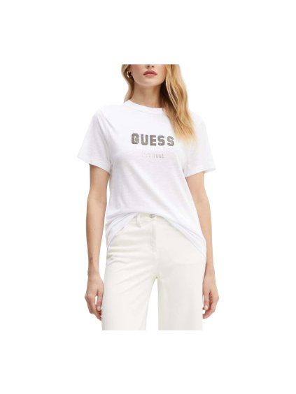 Dámský top GUESS s logem SNACK PYRAMIDE STUDS - bílá