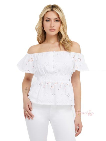 Dámský top GUESS - španělský vzor, volánky - bílý