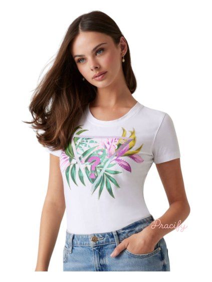 Dámské tričko GUESS CN SS Leaf Triangle – bílá (Damské oblečení S)