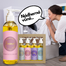 Paní čichá k voňavému prádlu vypranému v pracích parfémech a značce Profumo 2i