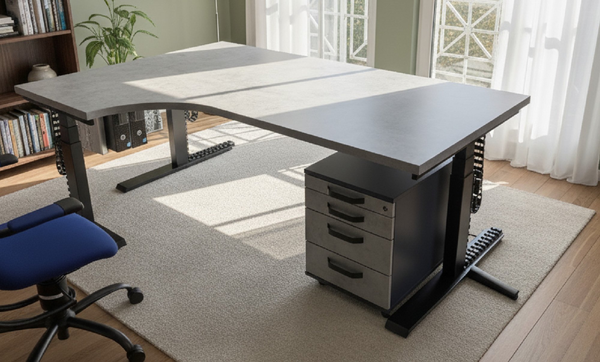 Rohový stůl DeskTherapy D5+ Exclusive Chicago Beton