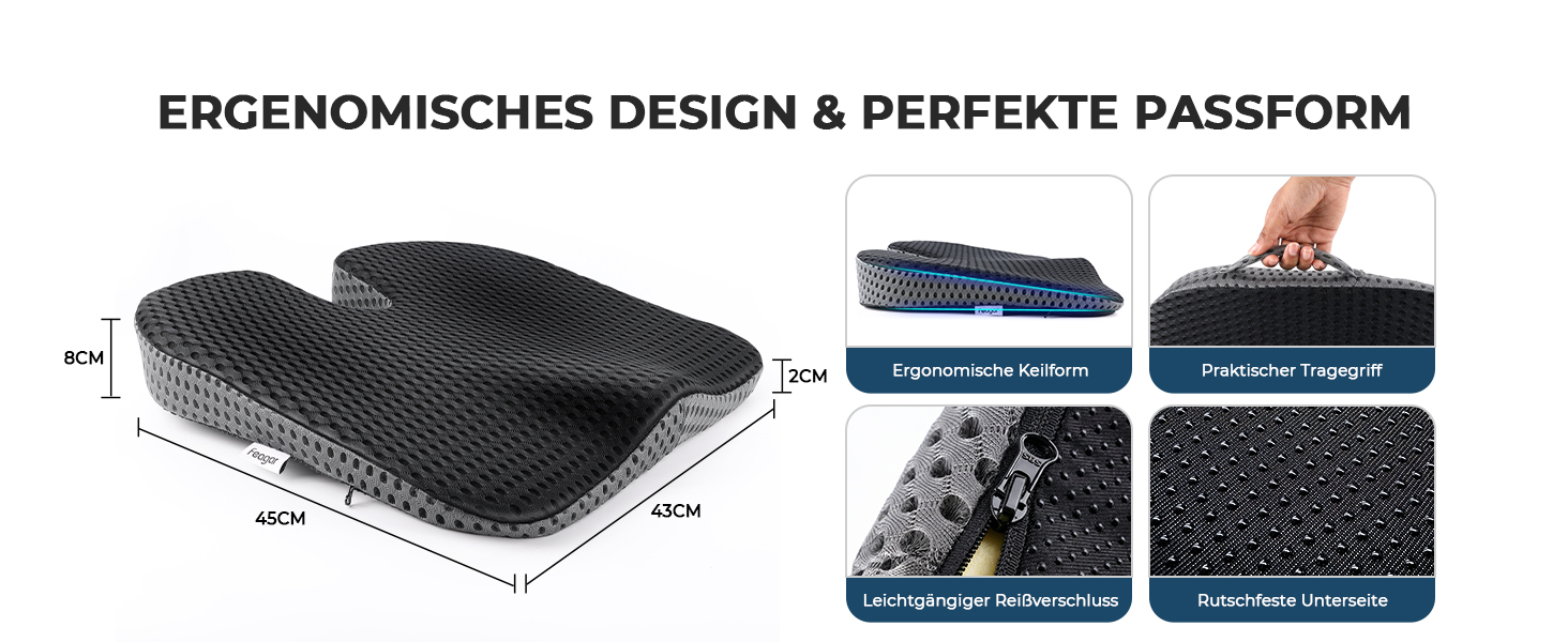 Feagar Car ergonomický klínový sedák do auta – rozměry a tvar